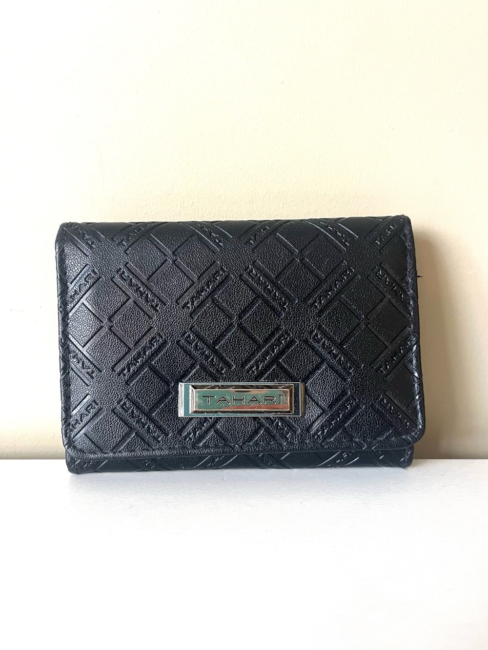 Tahari Black Vegan Leather Textured Logo Pattern Folding Wallet